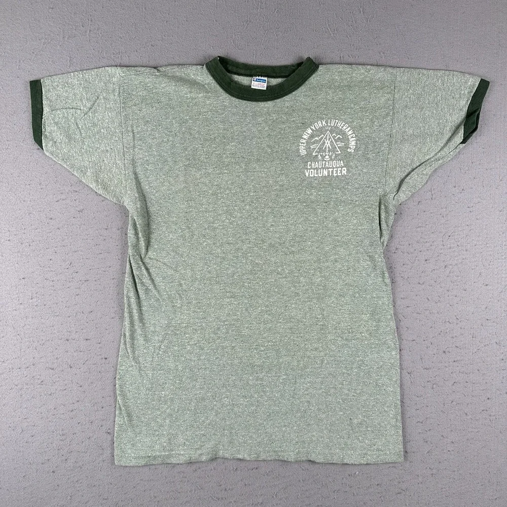Vtg 70s Champion Ringer Shirt‎ Men's XL Green New York Chautauqua Camp Blue Bar